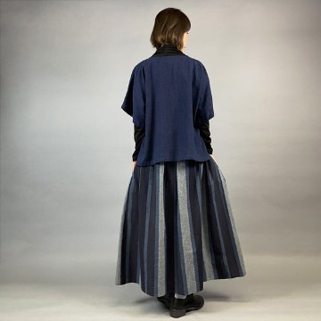 【亀田縞】ギャザースカート　紺グレー　太縞の画像