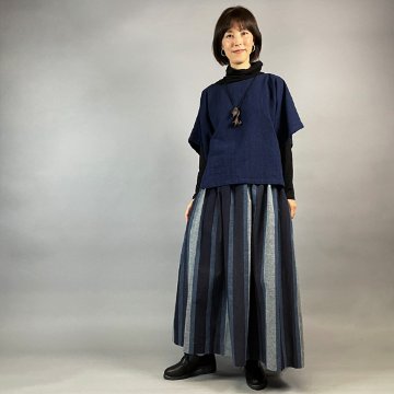 【亀田縞】ギャザースカート　紺グレー　太縞の画像