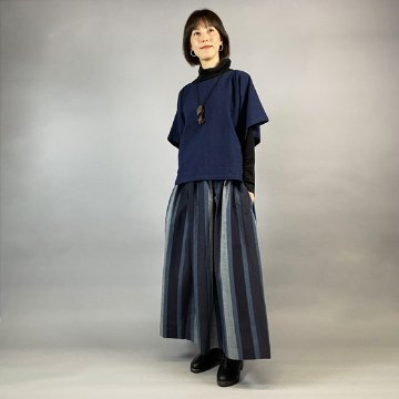 【亀田縞】ギャザースカート　紺グレー　太縞の画像