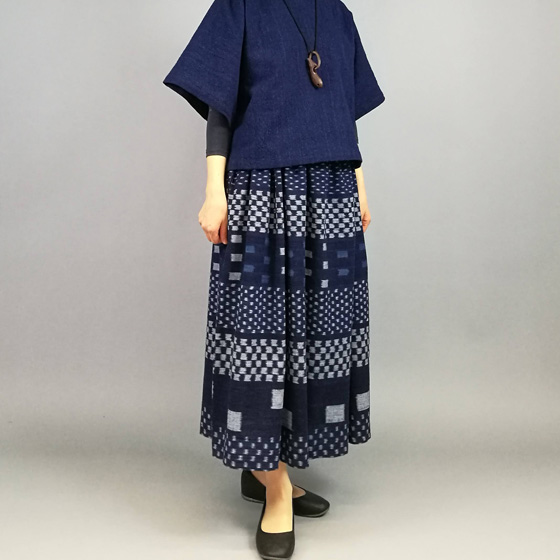 【備後絣】藍染 ギャザースカート 楊柳　合わせ絣31　の画像
