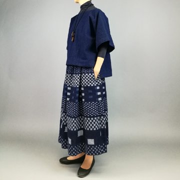 【備後絣】藍染 ギャザースカート 楊柳　合わせ絣31　の画像
