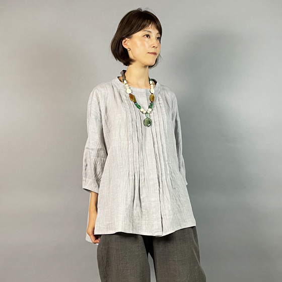 【近江の麻】前開きタックブラウス グレーちぢみの画像