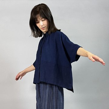 【備後絣】藍染め　綿麻ワイドシャツ　ショート丈画像