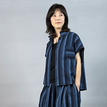【遠州綿紬】フレンチ袖　前開きブラウス　かつお縞の画像