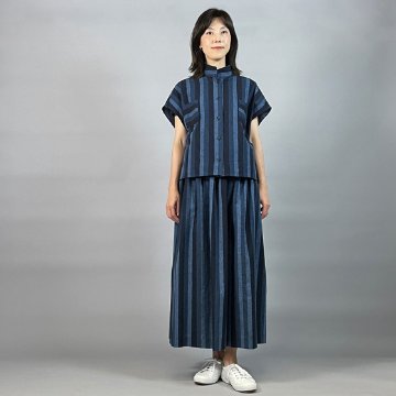 【遠州綿紬】フレンチ袖　前開きブラウス　かつお縞の画像