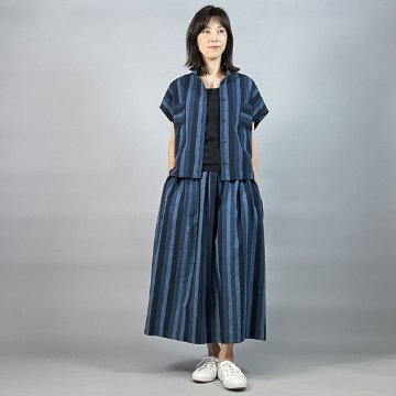 【遠州綿紬】フレンチ袖　前開きブラウス　かつお縞の画像