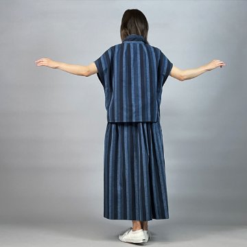 【遠州綿紬】フレンチ袖　前開きブラウス　かつお縞の画像