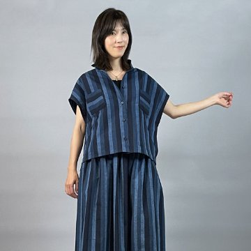 【遠州綿紬】フレンチ袖　前開きブラウス　かつお縞の画像