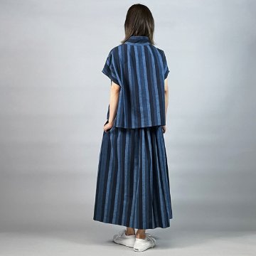 【遠州綿紬】フレンチ袖　前開きブラウス　かつお縞の画像