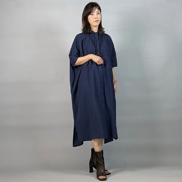 【亀田縞】ワイドシャツワンピース　綿ちぢみ　紺細縞の画像
