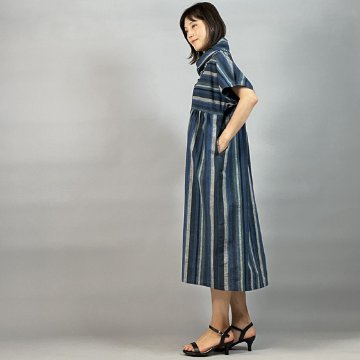 【遠州綿紬】バルーンワンピース　かつお縞の画像