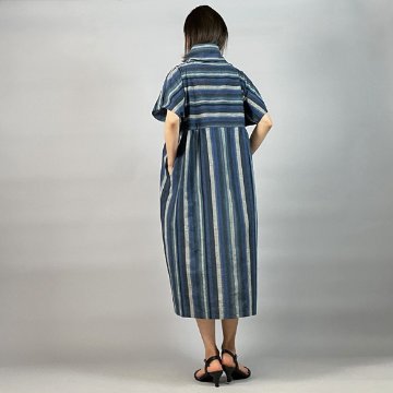 【遠州綿紬】バルーンワンピース　かつお縞の画像
