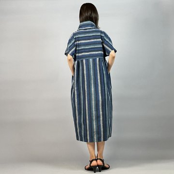 【遠州綿紬】バルーンワンピース　かつお縞の画像