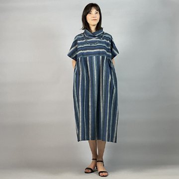 【遠州綿紬】バルーンワンピース　かつお縞の画像