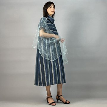 【遠州綿紬】バルーンワンピース　かつお縞の画像
