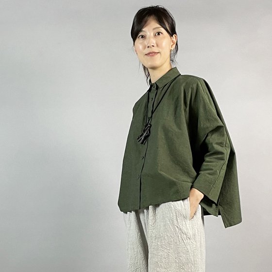 【亀田縞】ワイドシャツ　八分袖　モスグリーン　再入荷の画像