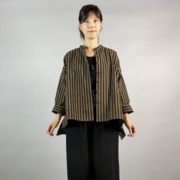 【亀田縞】テントショートブラウス　茶と焦げ茶の縞の画像