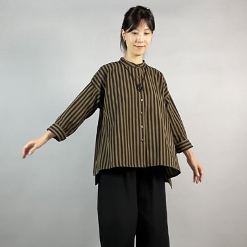 【亀田縞】テントショートブラウス　茶と焦げ茶の縞の画像