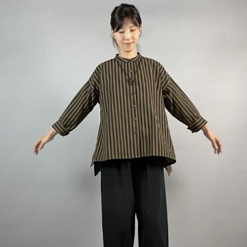 【亀田縞】テントショートブラウス　茶と焦げ茶の縞の画像