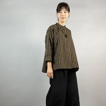 【亀田縞】テントショートブラウス　茶と焦げ茶の縞の画像