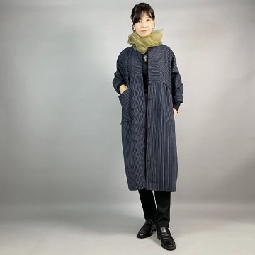 【亀田縞】段違いコートワンピース　紺にグレーの縞の画像