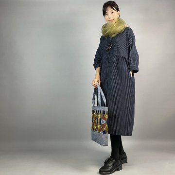 【亀田縞】段違いコートワンピース　紺にグレーの縞の画像