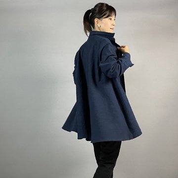 【亀田縞】シャツ襟フレアチュニック　濃紺ワッシャー画像