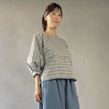 【遠州綿紬】バルーン袖ノーカラーブラウス　つゆ草の画像