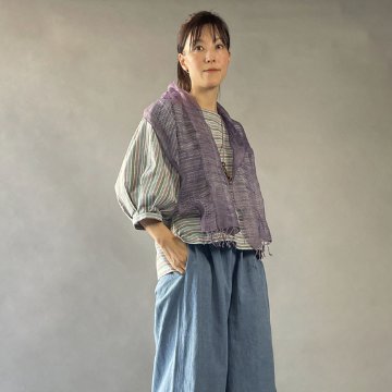 【遠州綿紬】バルーン袖ノーカラーブラウス　つゆ草の画像