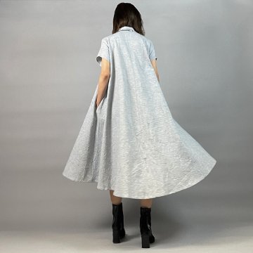 【亀田縞】シャツ襟フレアワンピース　フレンチ袖　ブルーワッシャーの画像