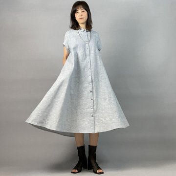 【亀田縞】シャツ襟フレアワンピース　フレンチ袖　ブルーワッシャーの画像