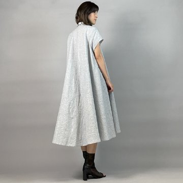 【亀田縞】シャツ襟フレアワンピース　フレンチ袖　ブルーワッシャーの画像