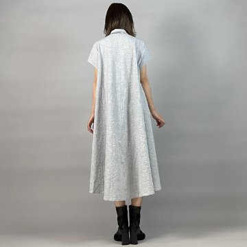 【亀田縞】シャツ襟フレアワンピース　フレンチ袖　ブルーワッシャーの画像
