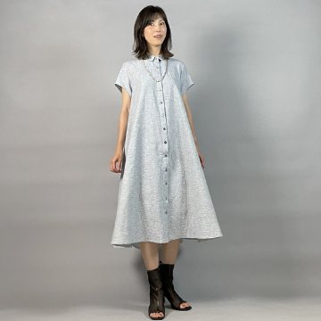 【亀田縞】シャツ襟フレアワンピース　フレンチ袖　ブルーワッシャーの画像