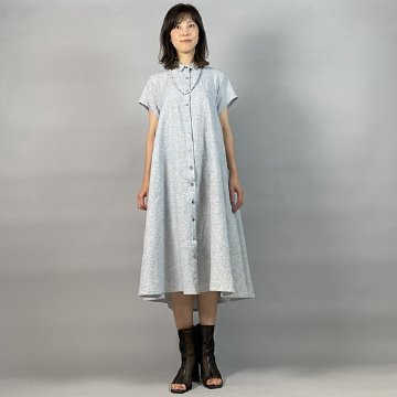 【亀田縞】シャツ襟フレアワンピース　フレンチ袖　ブルーワッシャーの画像