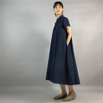 【亀田縞】シャツ襟フレアワンピース　フレンチ袖　 濃紺ワッシャーの画像