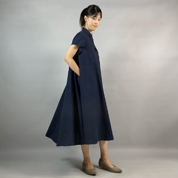 【亀田縞】シャツ襟フレアワンピース　フレンチ袖　 濃紺ワッシャーの画像