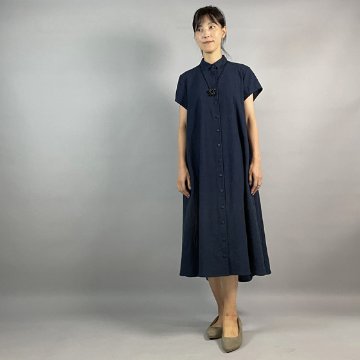 【亀田縞】シャツ襟フレアワンピース　フレンチ袖　 濃紺ワッシャーの画像