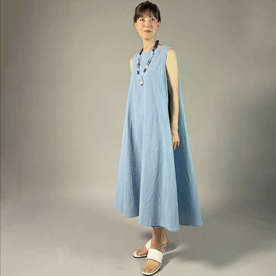 【備後絣】藍染　ノースリーブフレアワンピース　水色の画像