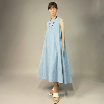 【備後絣】藍染　ノースリーブフレアワンピース　水色の画像