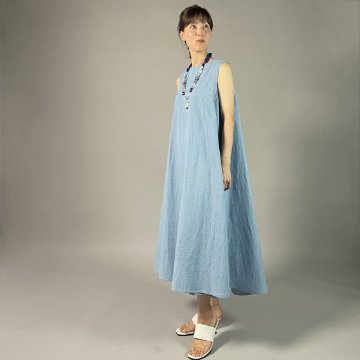 【備後絣】藍染　ノースリーブフレアワンピース　水色の画像