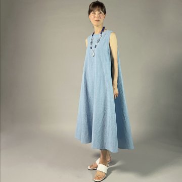 【備後絣】藍染　ノースリーブフレアワンピース　水色の画像