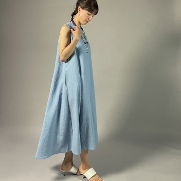 【備後絣】藍染　ノースリーブフレアワンピース　水色の画像