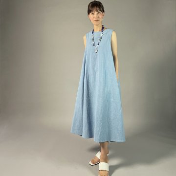 【備後絣】藍染　ノースリーブフレアワンピース　水色の画像