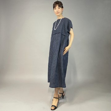 【近江ちぢみ】ハイウェスト切り替えワンピース　フレンチ袖　細縞の画像