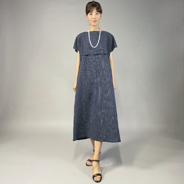 【近江ちぢみ】ハイウェスト切り替えワンピース　フレンチ袖　細縞の画像