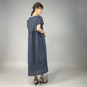 【近江ちぢみ】ハイウェスト切り替えワンピース　フレンチ袖　細縞の画像