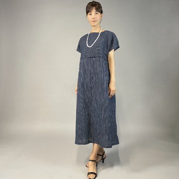 【近江ちぢみ】ハイウェスト切り替えワンピース　フレンチ袖　細縞の画像