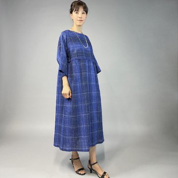 【近江ちぢみ】切り替えワンピース　七分袖　ブルーチェックの画像