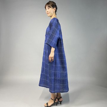 【近江ちぢみ】切り替えワンピース　七分袖　ブルーチェックの画像